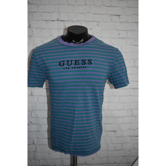 Guess T-Shirt Mens Size Small Embroidered Green Purple Striped Vintage Style - Picture 1 of 8